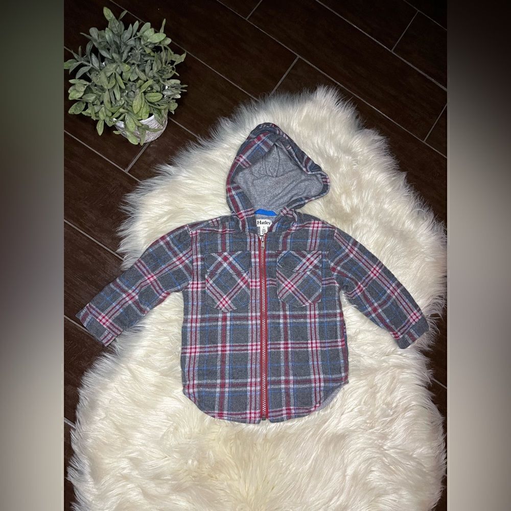 Hatley hooded grey plaid woven flannel full zip jacket sz 2